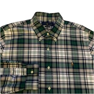 Ralph Lauren Classic Fit Shirt Men's L Blue GreenPlaid Long Sleeved Flesh Pony
